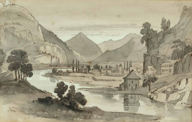 Eine Zeichnung eines Flusses, der durch eine bergige Landschaft mit Bäumen, Häusern und Bergen im Hintergrund fließt, mit der Aufschrift "Von der Rheinbrücke" unten.