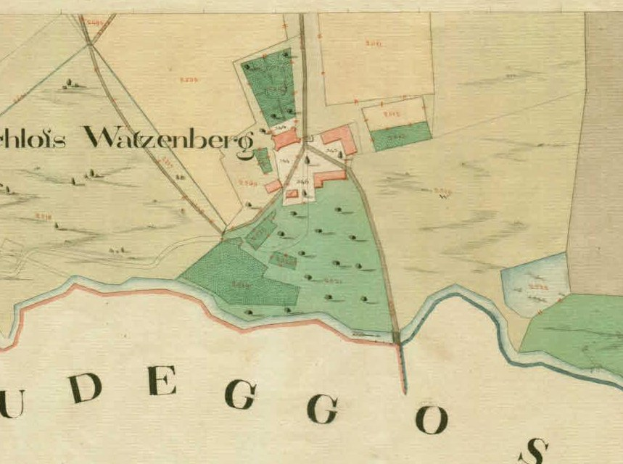 Detailierte alte Karte von Ludego, Deutschland, zeigt Straßen, Gebäude und Sehenswürdigkeiten mit Text zu Bevölkerung, Geschichte und Kultur.