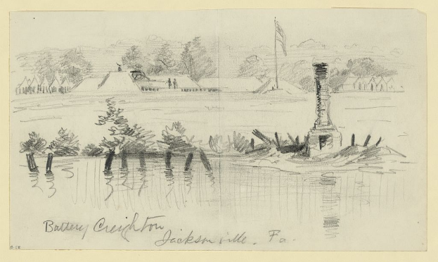 Eine Zeichnung von Battery Creek in Jacksonville, PA, die einen Gewässerausschnitt mit einem Leuchtturm, Bäumen und Häusern im Hintergrund zeigt.