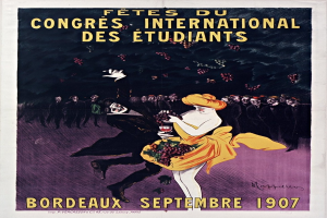 Plakat aus dem Jahr 1907, das ein Weinprobevent in Bordeaux, Frankreich, ankündigt, mit einer Frau in einem gelben Kleid, die ein Weinglas hält, umgeben von einer Menge, mit Eventdetails im Text.