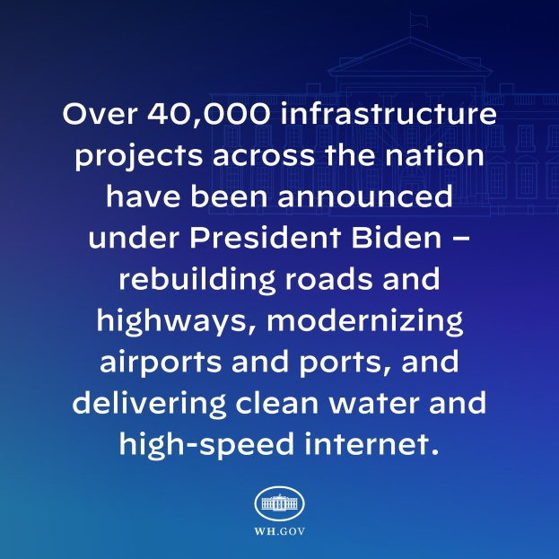 Blauer Hintergrund mit weißer Schrift, die "über 40.000 Infrastrukturprojekte bundesweit unter Präsident Biden angekündigt" und ein Logo unten.