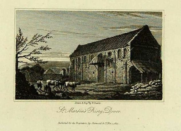 Eine Gravur von St. Martins Kloster, Dyer, mit einem Haus, Bäumen, Tieren und einem Himmel im Hintergrund sowie Text unten.