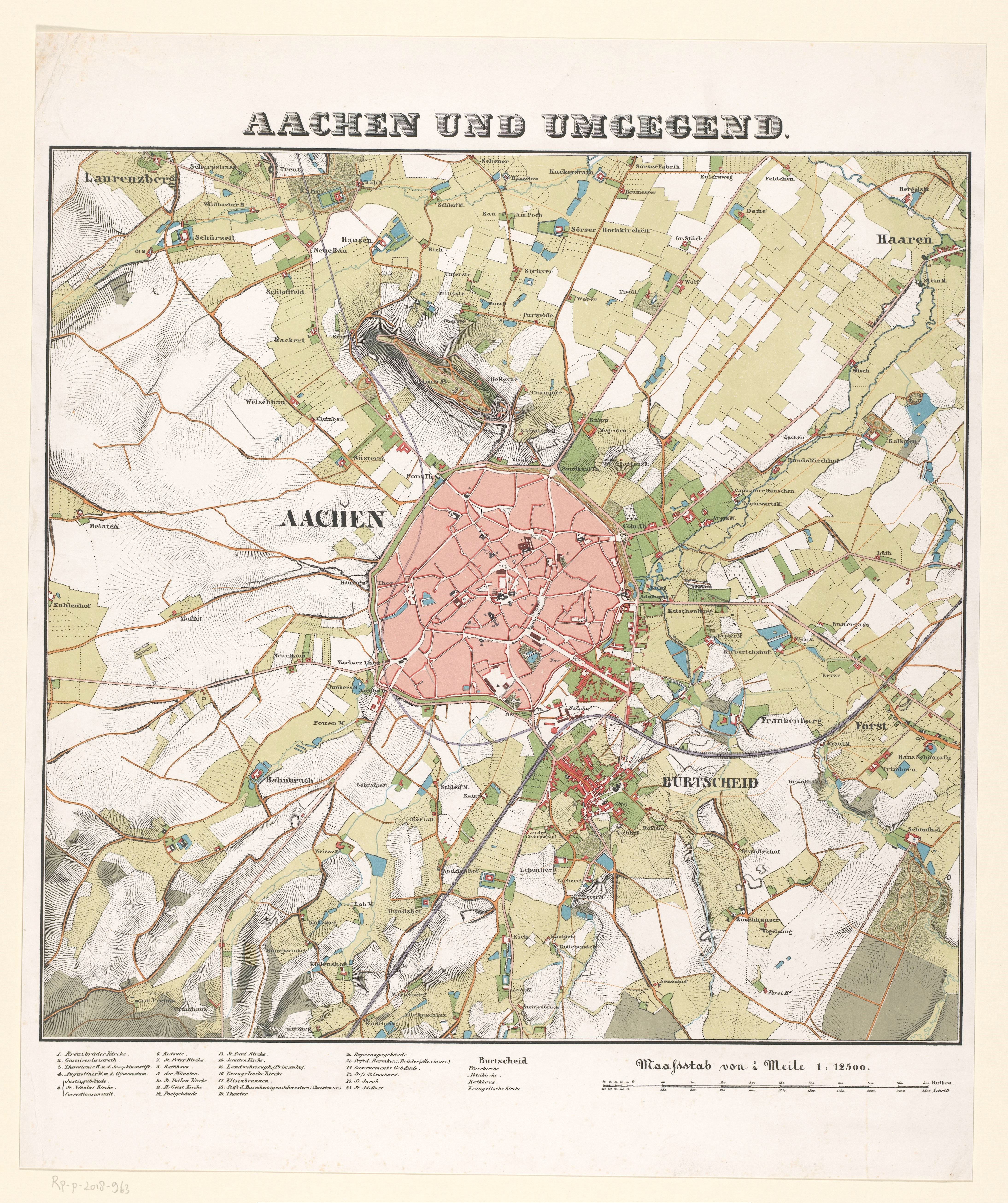 Ein detaillierter alter Stadtplan von Aachen, Deutschland, der Straßen, Gebäude und Sehenswürdigkeiten mit Text oben und unten zeigt.