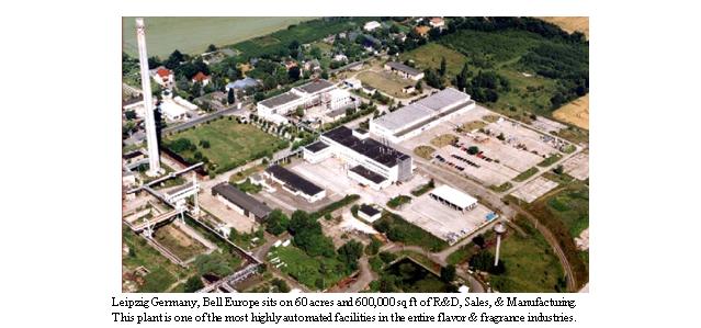 Luftaufnahme eines Industriegebiets in Leipzig, Deutschland, mit Gebäuden, Bäumen, Straßen und Masten, beschriftet mit "Leipzig Deutschland - Bell Europe".