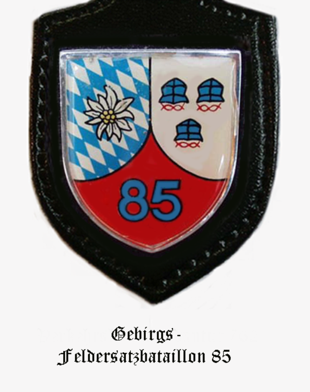 Ein Abzeichen mit der Nummer 85 und deutscher Schrift am unteren Rand, das das Logo des bayerischen Fussballteams darstellt.