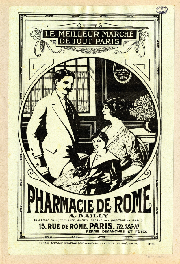 Schwarz-weiß-Anzeige für eine Apotheke in Rom, die einen Mann und eine Frau zeigt, die nebeneinander stehen und Text beschreiben.