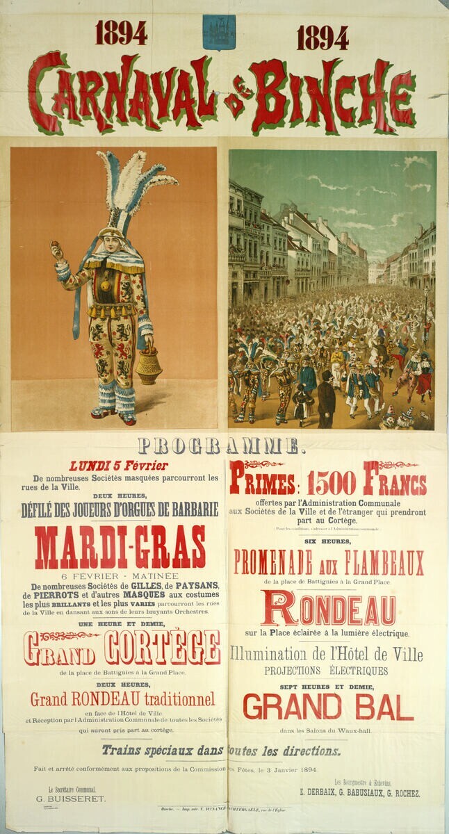 Ein altes Plakat, das einen Karneval in Banche, Frankreich, ankündigt und Bilder von Menschen, Gebäuden und Text enthält.