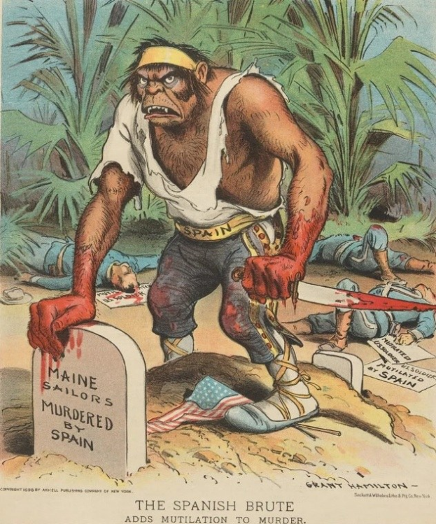 Zeichnung zeigt einen Mann mit einem Messer in der Hand, der über einem Grab mit Text steht, umgeben von liegenden Gestalten und Bäumen, mit der Bildunterschrift "Der spanische Barbar fügt Verstümmelung zum Mord hinzu" unten.