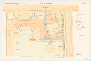Ein detaillierter Plan des Universit√§tsgartens der Universit√§t Greifswald, der Pfade, Pflanzen, B√§ume und Text mit Informationen √ľber die Universit√§t zeigt.
