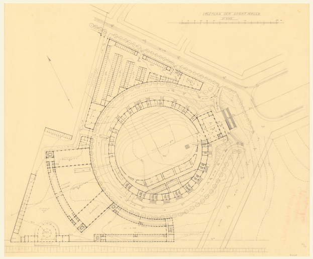 Schwarz-weißes Architekturzeichnung eines Stadiongrundrisses mit umliegenden Gebäuden, einschließlich handschriftlicher Textanmerkungen.