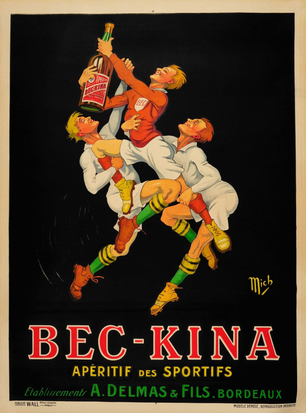 Ein Plakat, das Bec-Kina Aperitif des Sportifs bewirbt und drei Personen zeigt, die eine Flasche des Produkts halten, mit Text, der das Produkt und seine Vorteile beschreibt.