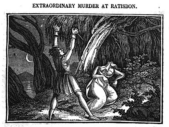 Eine Schwarz-Weiß-Zeichnung eines Mannes und einer Frau in einem Wald mit Bäumen im Hintergrund, mit dem Text "Überraschender Mord in Ratison" oben und unten.