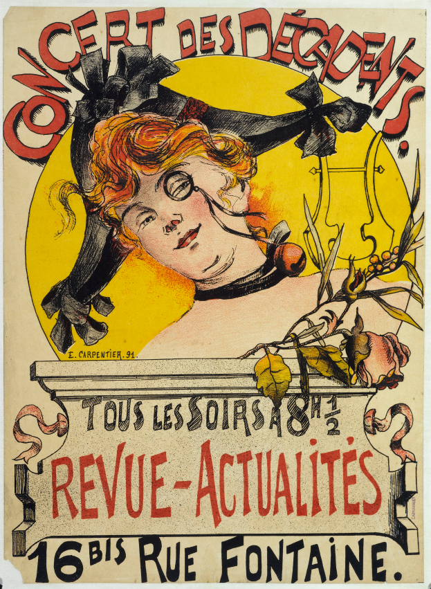 Ein Plakat, das ein Konzert der Decadents ankündigt, mit einem Bild einer Frau mit menschlichem Gesicht und Text über das Ereignis.