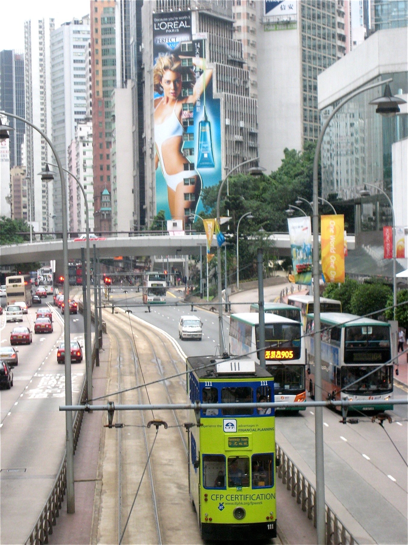 Belebte Stadtstraße mit Doppeldeckerbussen, Autos, Verkehrsstangen, Straßenlaternen, Plakaten, Bäumen, einer Brücke, hohen Gebäuden und einem klaren blauen Himmel, mit Text unten.
