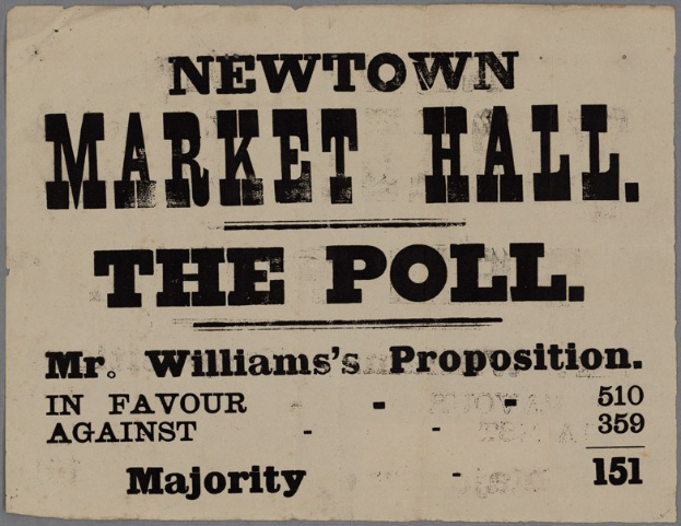 Papier mit handgeschriebener Schrift, die "Newtown Market Hall, die Wahl, Mr. Williams' Proposition für gegen Mehrheit" liest.