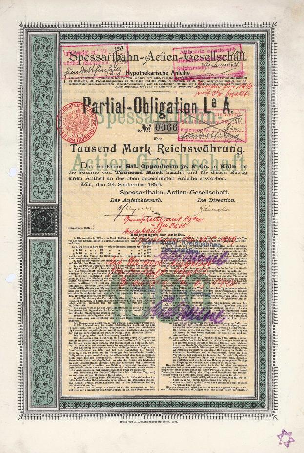 Ein altes deutsches Aktienzertifikat, ausgestellt von der deutschen Regierung, mit Text und einem Stempel.