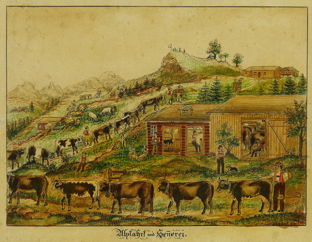 Ein Gemälde, das eine Farmszene mit Kühen im Vordergrund zeigt, umgeben von Häusern, Bäumen, Hügeln und Menschen, mit Text unten.