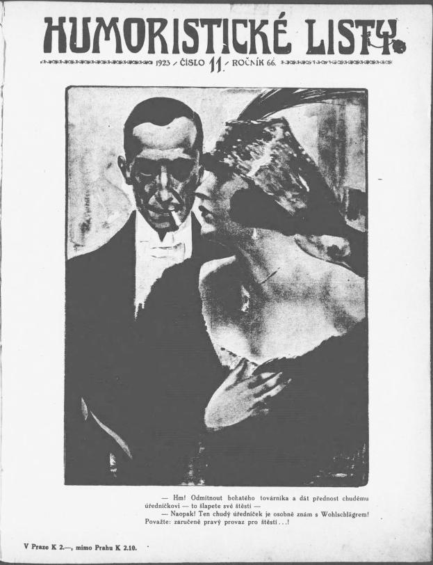 Schwarze und weiße Zeitschriftumschlag mit der überschrift 'Humoristische Liste', auf dem ein Mann in einem Anzug mit ernster Miene und eine Frau mit einem verschmitzten Gesichtsausdruck zu sehen ist.