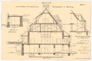 Ein detailliertes architektonisches Zeichnung eines Hauses mit zahlreichen Fenstern und einem Dach, identifiziert als das erste Haus in Deutschland, begleitet von Plänen und erklärendem Text auf Papier.