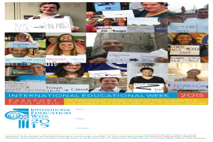 Plakat zur Internationalen Bildungswoche 2015 mit einer Gruppe strahlender Menschen mit Infotext auf Schildern