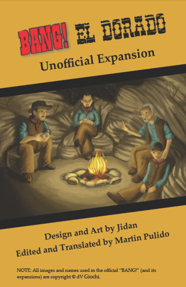 Ein Plakat, das eine Gruppe von besorgten Menschen um ein hell brennendes Lagerfeuer zeigt, mit der Aufschrift "Bang El Dorado Unofficial Expansion" oben drauf, in einem düsteren, gedämpften Farbschema.