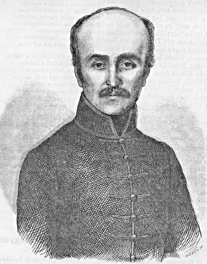 Ein Schwarz-Weiß-Zeichnung eines Mannes mit Schnurrbart, identifiziert als William Riewel, der auf einem Blatt Papier mit Text steht, der wahrscheinlich sein Leben und seine Errungenschaften beschreibt.