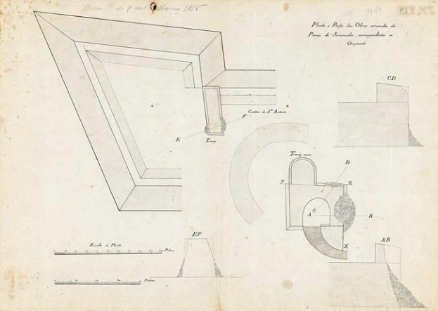 Eine Seite aus einem Buch mit einer detaillierten Zeichnung einer Ecke und eines Lochs, die als Plan der Oper im Jahr 1845 gilt, begleitet von Text und architektonischen Details.