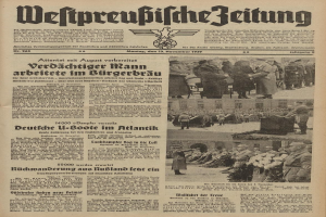 Schwarze-weiße Titelseite einer deutschen Zeitung vom 13. November 1939 mit der Überschrift 'Weitpreubliche Zeitung', die eine Gruppe von Menschen in traditioneller deutscher Tracht in einer feierlichen Umgebung zeigt.