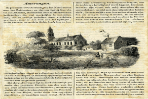 Ein abgenutztes Buchcover mit einer handgezeichneten Illustration eines Dorfes, einschließlich Häuser, Bäume und Menschen, begleitet von gedrucktem Text.