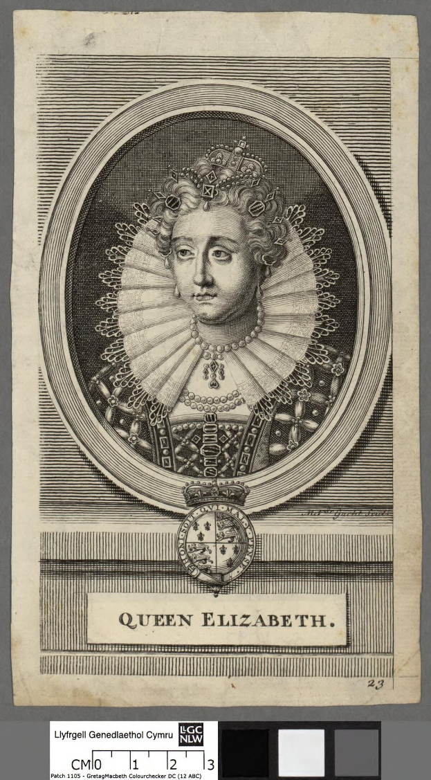 Porträt der Königin Elizabeth I. von England in königlicher Kleidung mit Krone und Tiara, grauer Hintergrund, feine Gesichtsmerkmale und ein würdevoller Ausdruck.
