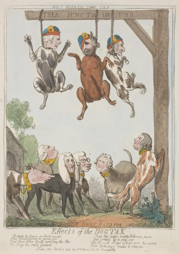 Ein Papierbild mit Menschen und Tieren, darunter ein Hund, der an einem Holzpfahl hängt, mit begleitendem Text, der wahrscheinlich mit der Hundesteuer zu tun hat.