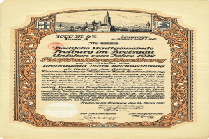 Altes deutsches Aktienzertifikat mit einer Stadtansicht und Textangaben über den Ursprung.