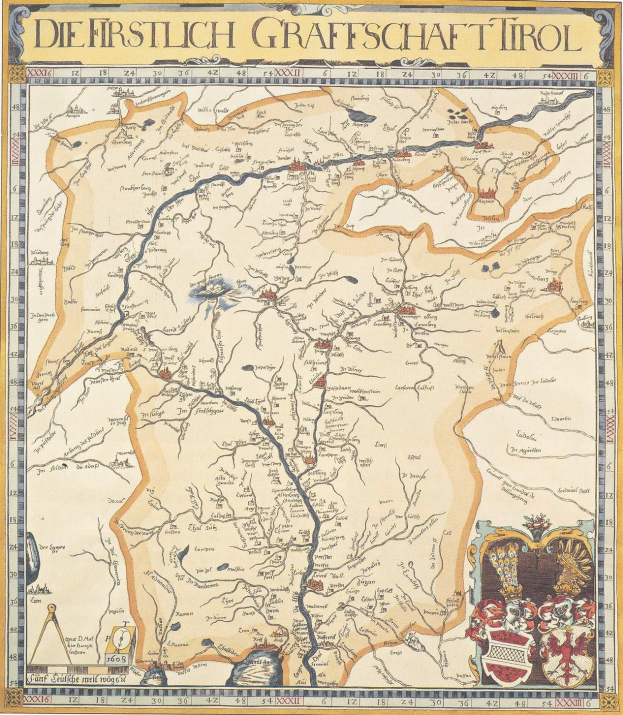 Ausführliches historisches Plakat der ersten Grafschaft Tirol, das eine Karte mit geografischen Merkmalen, Städten und begleitendem Text über die Region und ihre Bewohner zeigt.