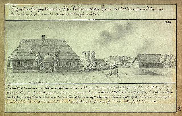 Ein altes Bild eines Hauses in einem Feld umgeben von Bäumen und Tieren mit dem Text "1799 Deutsche Landschaft mit der Kirche St. Stephans Glaces in Stuttgart, Deutschland".