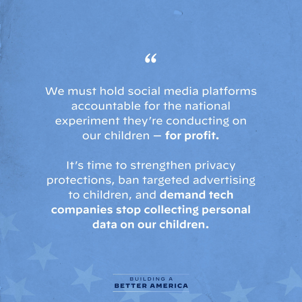 Ein Plakat mit einem Zitat aus "Building a Better America", das besagt, "Wir müssen die sozialen Medien-Plattformen für das nationale Experiment zur Rechenschaft ziehen, das sie an unseren Kindern durchführen - zum Profit.", geschmückt mit Sternen.