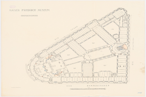 Ausführlicher architektonischer Plan des Kaiser Friedrich Museums in Berlin, Deutschland, mit Beschriftung seiner Räume und Merkmale.