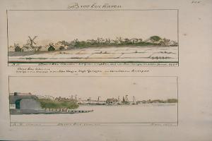 Ein aufgeschlagenes Buch mit einer Stadtansicht-Illustration, das von Häusern, Bäumen und einer Windmühle begleitet wird.