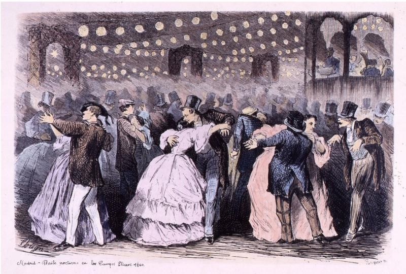 Eine Gruppe von Menschen, die in einem Ballsaal tanzen, mit Text unten, der 'Madame Baille Nacional en la Campagne Bleuet, 1860' liest.