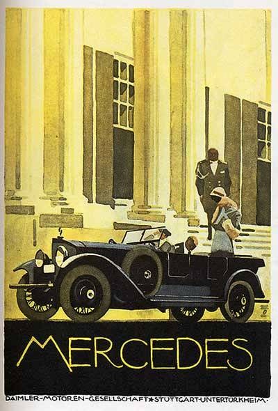 Vintage-Plakat aus den 1920er-Jahren von Mercedes-Benz mit einem klassischen Auto mit zwei Personen vor einem modernen Gl├Ąserbau, mit 'Mercedes-Benz'-Text unten.