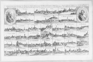 Ein Schwarz-Weiß-Zeichnung von Köln, Deutschland, mit zahlreichen Gebäuden, begleitet von Text und Bildern, die die Geschichte der Stadt darlegen.