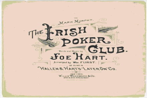 Plakat mit "The Irish Poker Club" in fetter schwarzer Schrift auf einem weißen Hintergrund, eingerahmt von einem schmalen schwarzen Rand, mit einer bunten Kleeblatt-Illustration.