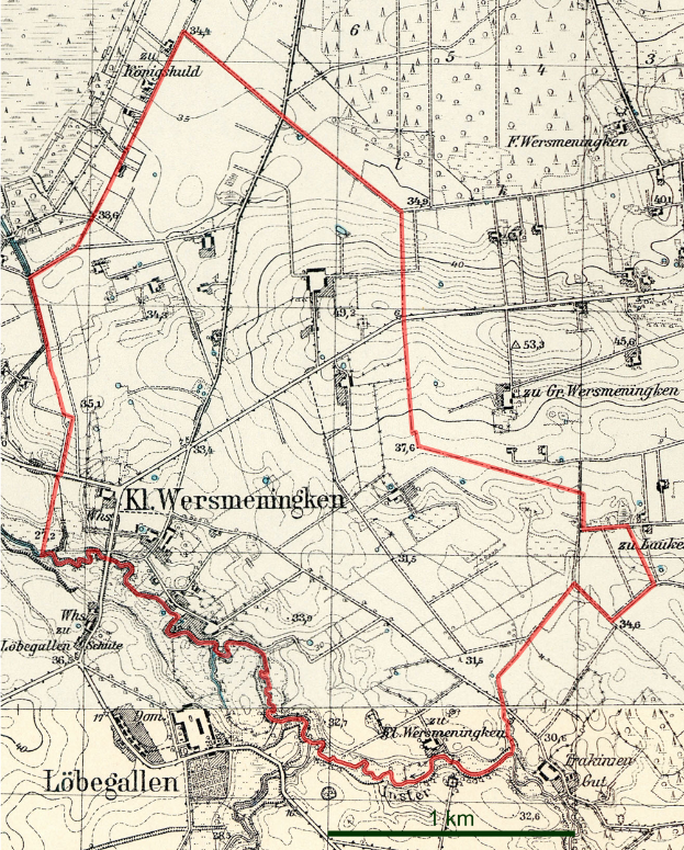 Eine topografische Karte von Wersmeningen mit einer roten Linie, die den geplanten Standort markiert, auf Papier gedruckt.