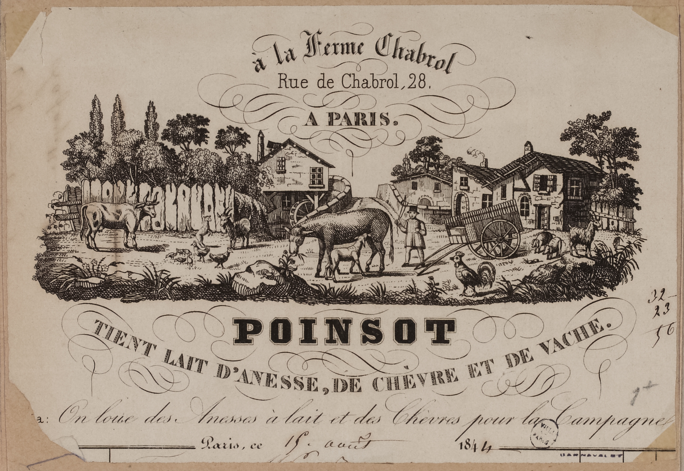 Ein altes Buch mit einer Zeichnung einer Farmszene mit Häusern, Bäumen, Tieren, Menschen und einem Wagen, mit etwas Text auf der Seite.