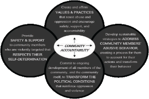 Ein Kreis mit "Gemeinschaftsrechenschaft" in der Mitte, umgeben von drei sich überschneidenden Kreisen, die durch Pfeile verbunden sind, alles in fetter, leuchtender Schrift.