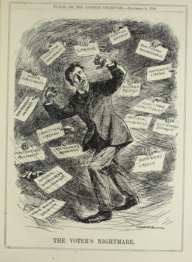 Eine Zeitung mit einer Zeichnung eines Mannes in Anzug und Krawatte, der ein Schild hält, auf dem in fetter Schrift 'Der Albtraum des Wählers' steht.