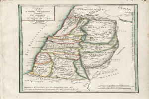 Altes Buch mit detaillierter Karte des Nahen Ostens und Israels, einschließlich beschrifteter Städte, Ortschaften und geografischer Merkmale.