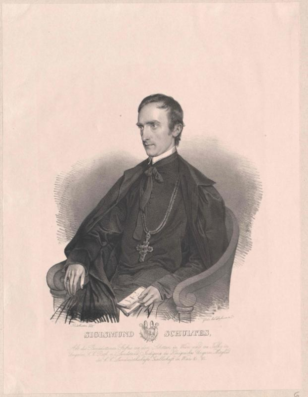 Eine Gravur eines Mannes in einer schwarzen Robe, der in einem Stuhl sitzt und ein Buch hält, mit der Inschrift "Sicismund Schultes, der Bundeskanzler der Bundesrepublik Deutschland" unten.