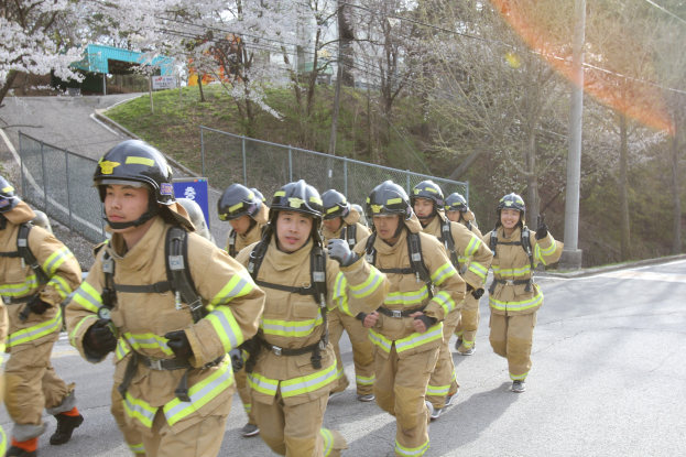 Feuerwehrleute mit Helmen gehen eine von Bäumen gesäumte Straße mit Polen, Drähten und Maschendrahtzaun entlang, mit Gebäuden und einem klaren blauen Himmel im Hintergrund.