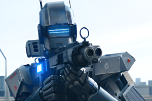 Ein Roboter mit einer Waffe in der Hand steht vor einer Stadtkulisse mit Gebäuden, einem Pfahl und dem Himmel im Hintergrund und sieht bereit für den Kampf aus.