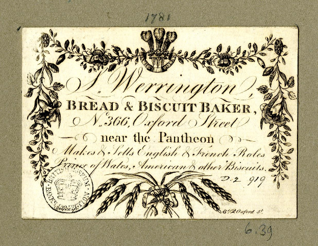 Alte Visitenkarte mit einer Zeichnung eines Bäckers und einem Text, der die Angebote einer Brot- und Gebäckbäckerei beschreibt.